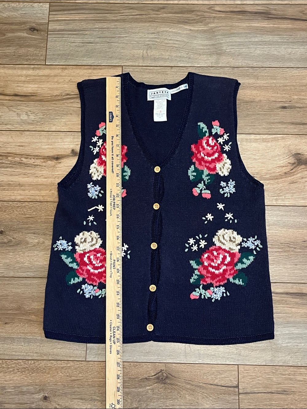 Vintage Jantzen Floral Embroidered Sweater Vest Navy Button Front Women's Medium - Picture 2 of 6